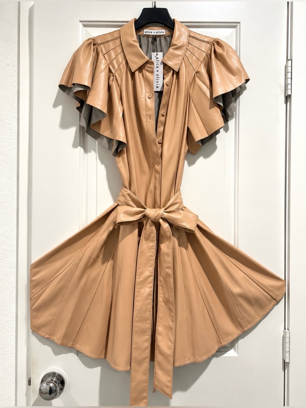 alice + olivia Tan Vegan Leather Tie-Waist Dress